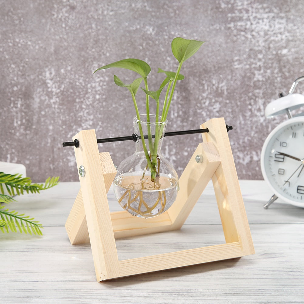 Transparent Glass Vase Wood Frame Flower Vase