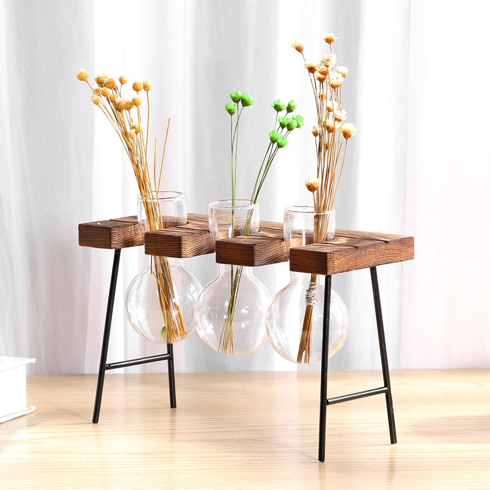 Transparent Glass Vase Wood Frame Flower Vase