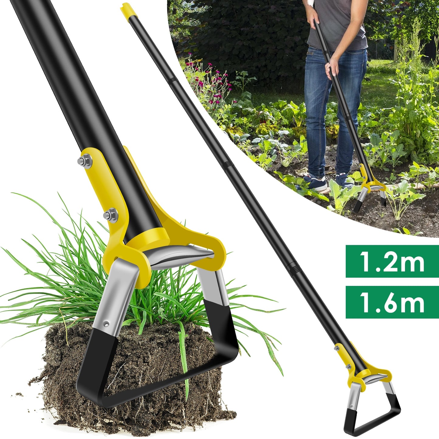 Garden Hoe 1.2/1.6M Stainless Steel Sharp Stirrup Loop Hoe with Triangle Head and Long Handle Ergonomic Weeding Tool