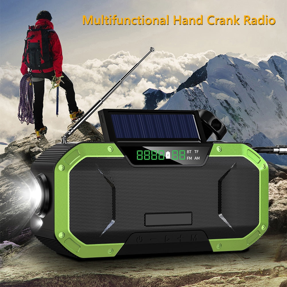 Hand Crank with Solar Bluetooth Speaker AM/FM Emergency Radio LED Power Display Flashlight IPX5 Waterproof 5000mAH Power Bank