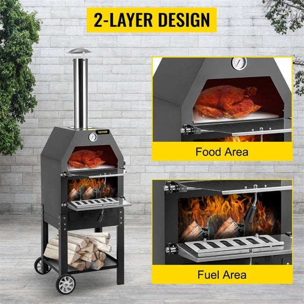 Outdoor Barbecue Grill Stainless Steel Pizza Oven with Wheel Wood and Coal Burning - OutdoorExplorersKit