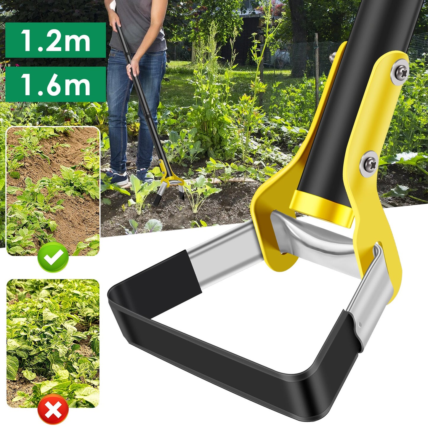 Garden Hoe 1.2/1.6M Stainless Steel Sharp Stirrup Loop Hoe with Triangle Head and Long Handle Ergonomic Weeding Tool