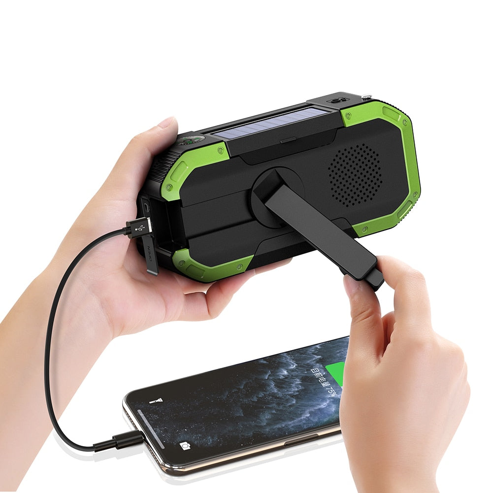 Hand Crank with Solar Bluetooth Speaker AM/FM Emergency Radio LED Power Display Flashlight IPX5 Waterproof 5000mAH Power Bank