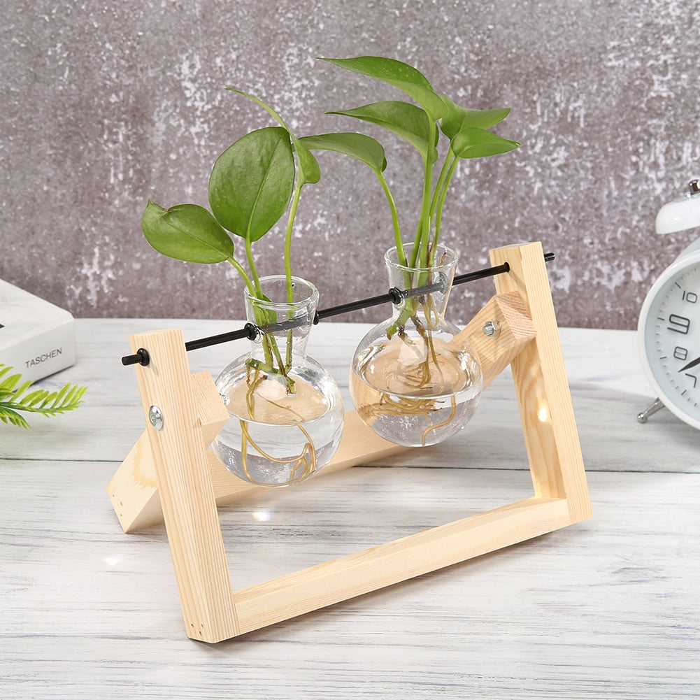 Transparent Glass Vase Wood Frame Flower Vase