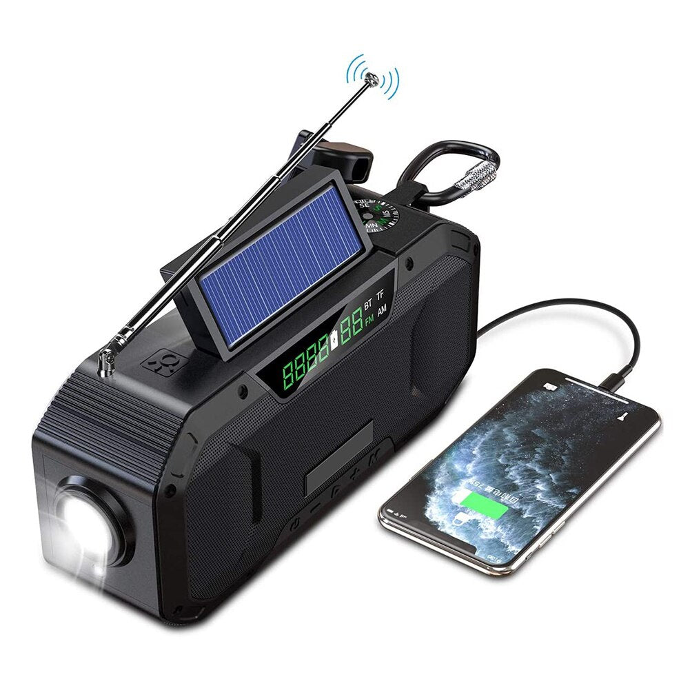 Hand Crank with Solar Bluetooth Speaker AM/FM Emergency Radio LED Power Display Flashlight IPX5 Waterproof 5000mAH Power Bank