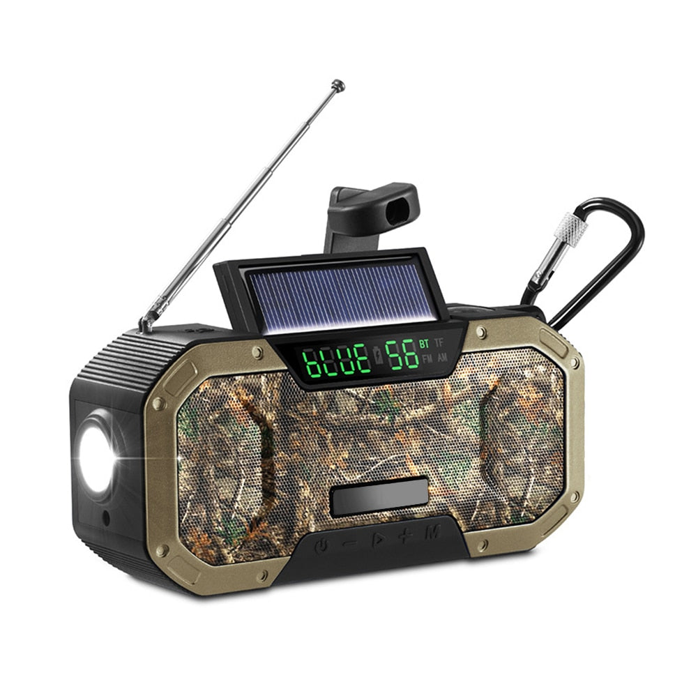 Hand Crank with Solar Bluetooth Speaker AM/FM Emergency Radio LED Power Display Flashlight IPX5 Waterproof 5000mAH Power Bank