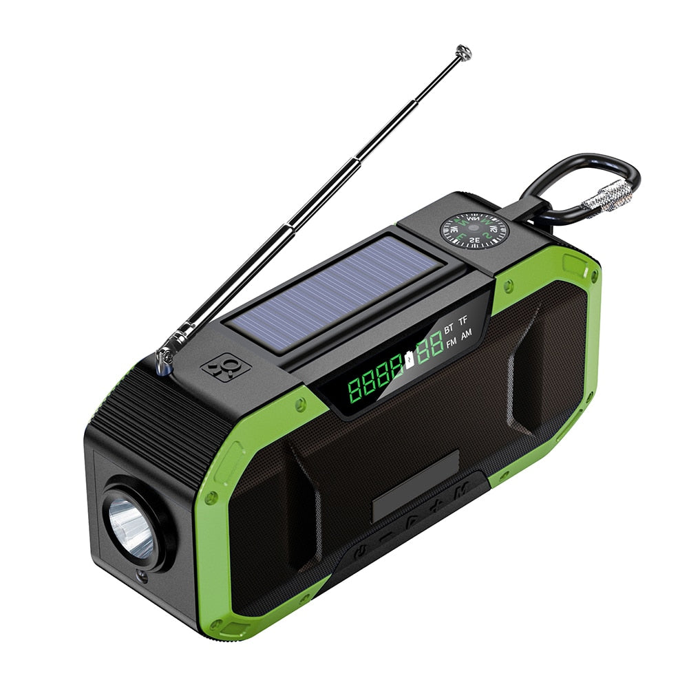 Hand Crank with Solar Bluetooth Speaker AM/FM Emergency Radio LED Power Display Flashlight IPX5 Waterproof 5000mAH Power Bank