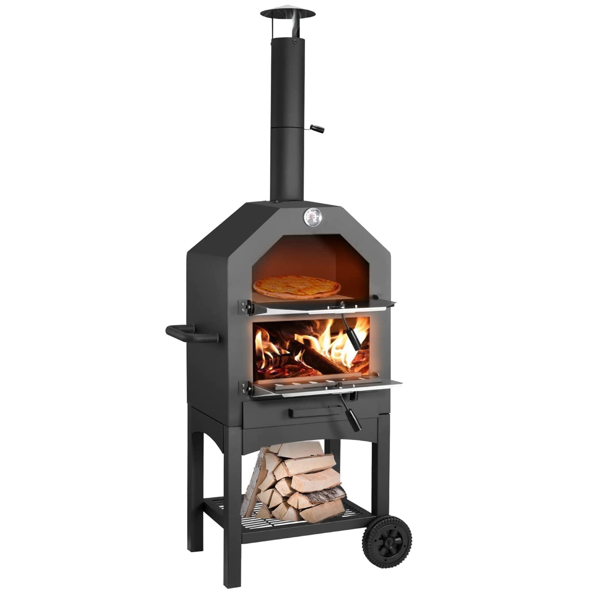 Outdoor Barbecue Grill Stainless Steel Pizza Oven with Wheel Wood and Coal Burning - OutdoorExplorersKit
